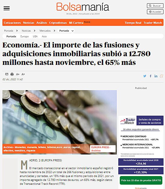 Economa.- El importe de las fusiones y adquisiciones inmobiliarias subi a 12.780 millones hasta noviembre, el 65% ms